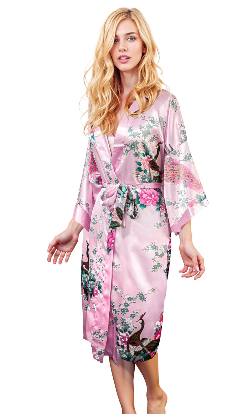 CCcollections Kimono robe long 16 colors PREMIUM Peacock bridesmaid bridal shower womens gift (Pink Baby) - Image 1